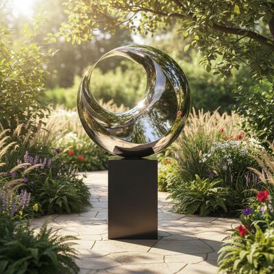 半月反射彫刻: 磨いた鋼と黒い大理石の美術品