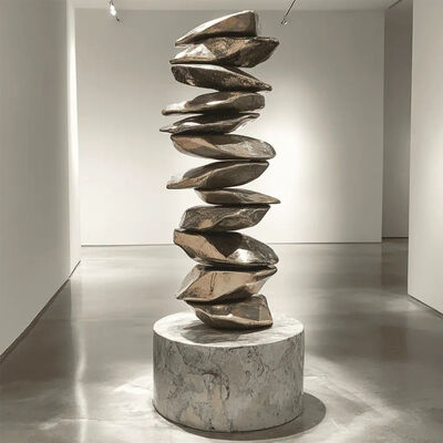 Contemporary Balanced Rock Stainless Steel Sculpture with Marble Pedestal for Hotel Lobby & Gallery Decor