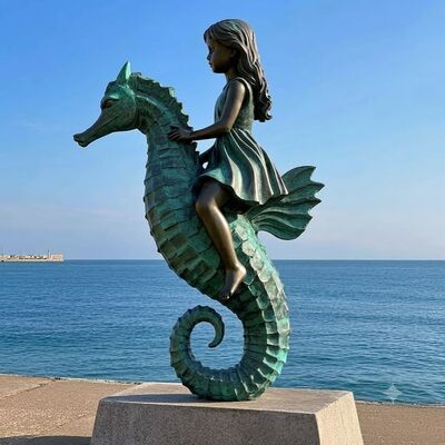 良い価格 タツノオトシゴに乗った等身大の少女ブロンズ像 オンライン